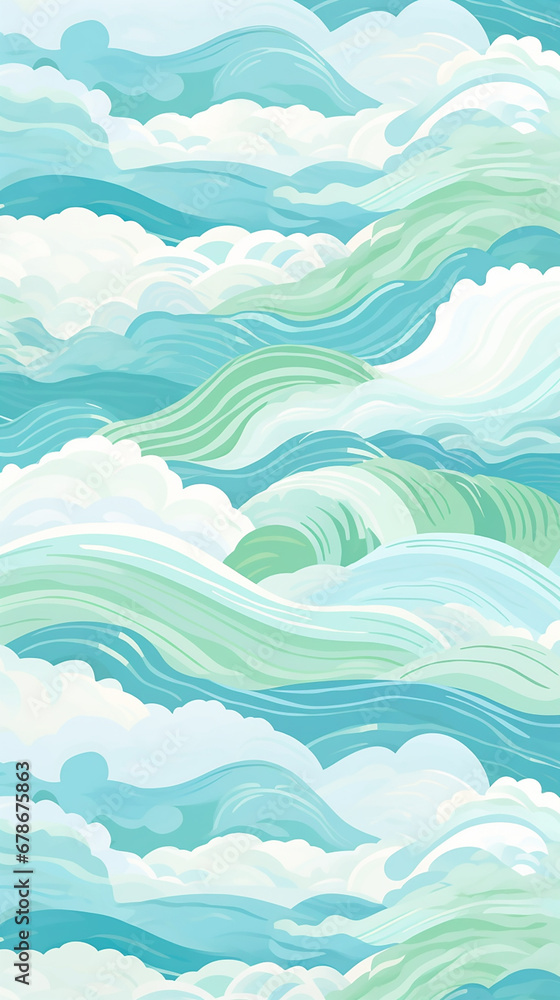 A charming pattern with whimsical and adorable waves, each represented with clean lines and a limited color palette created with Generative Ai