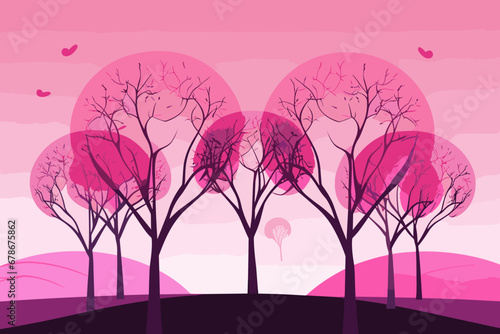 Vector banner of love and romance, pink trees and clouds on a bright background. Celebrate Valentine’s Day with a beautiful nature scene. © Valentin