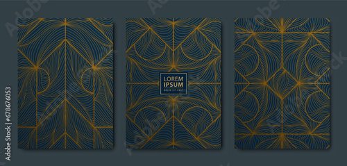 Vector set of art deco line covers, backgrounds, cards. Luxury premium design templates. Trendy geometric graphic poster, brochure, packaging, branding