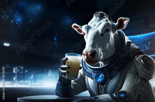 Fototapeta Naklejka Na Ścianę i Meble -  Astronaut cow sips milk in orbit, A lighthearted take on space exploration and dairy.