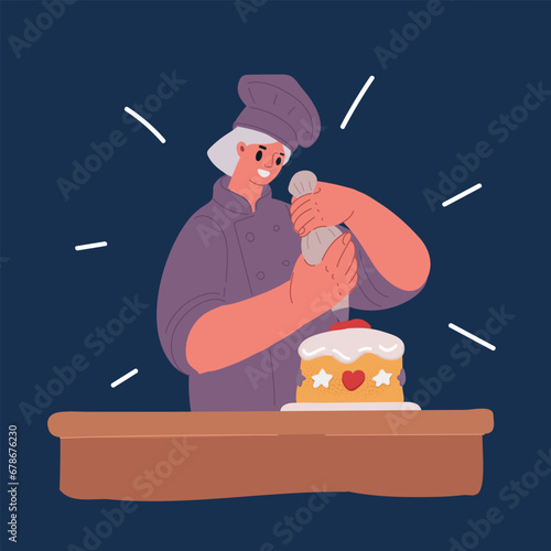Cartoon vector illustration of cooking and decoration of cake with cream. Young woman pastry chef in the kitchen decorating red velvet cake. Happy woman in apron
