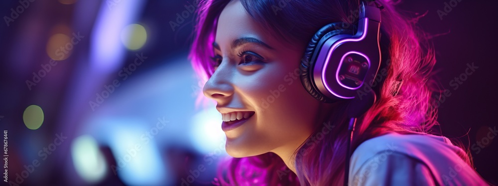 A girl in purple headphones plays a game on a black monitor