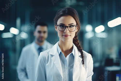 Beautiful young woman scientist wearing white coat and glasses in modern Medical Science Laboratory with Team of Specialists on background