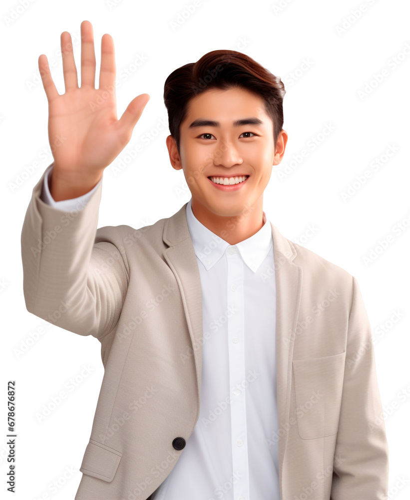 Handsome young Asian employee raising his hand to express happiness at success on transparent background, PNG Handsome young Asian employee raising his hand to express happiness at success on transparent background, PNG