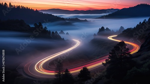 Car headlights and traffic lights on a winding road photo