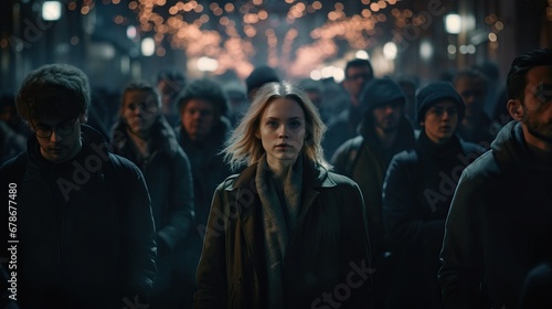 portrait of a young woman in a crowd of people