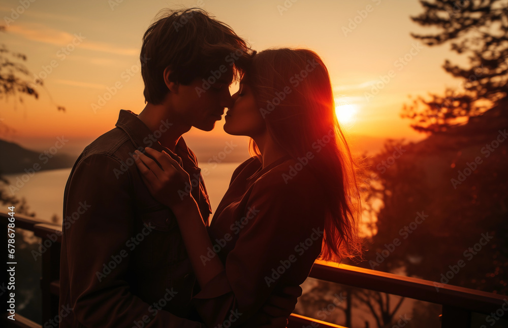 silhouette of a romantic couple kissing at sunset
