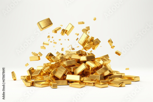 Mountain of gold bars with floating ingots isolated on white background, front view.generative ai