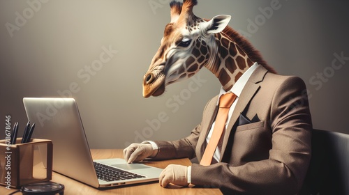 A whimsical depiction of a longnecked giraffe dressed in a formal business suit, sitting at a desk with a computer, humorously illustrating the concept of a sedentary office lifestyle.