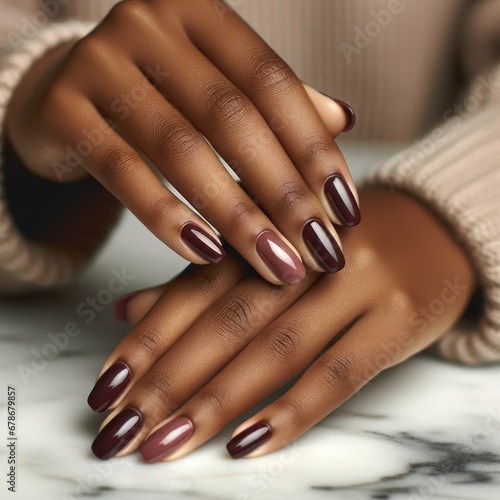 Black woman s manicured burgundy nails on marble. AI Generated.