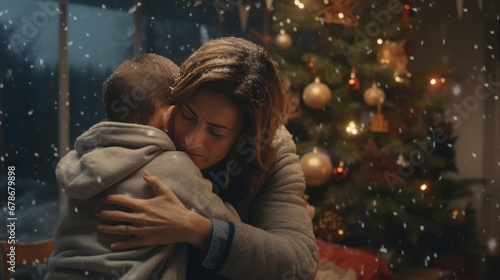 A Heartwarming Christmas Moment: A Woman Embracing a Child in Front of a Festive Tree