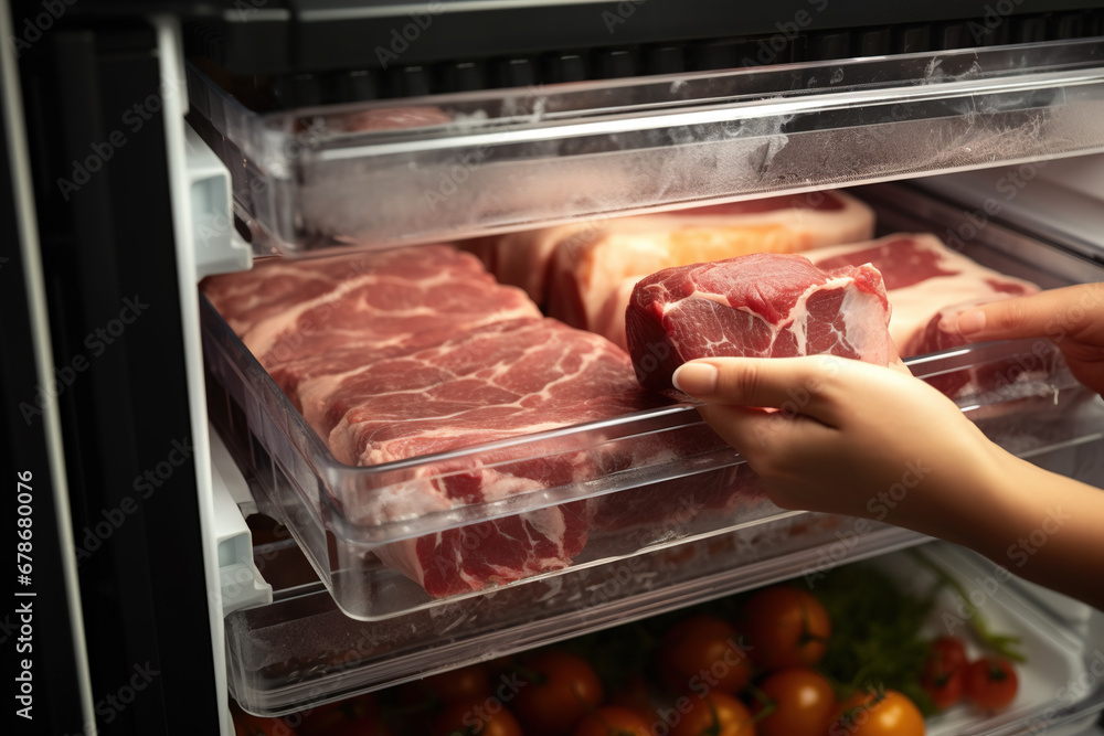 Woman putting raw meat in refrigerator, closeup, Refrigerator with fresh meat products