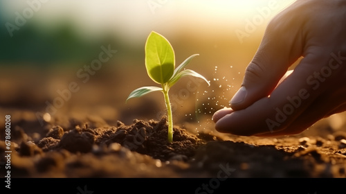 Hands watering seedlings or tree saplings Taking care of forest cultivation