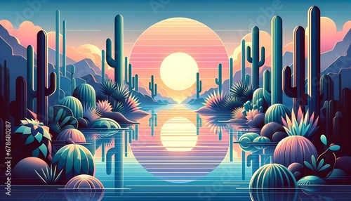 Digital Oasis - Sunrise Serenity - Flat Illustration