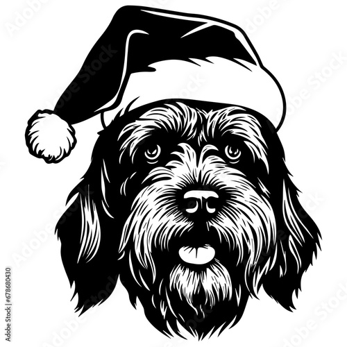 Cute Black Russian Terrier Dog wearing Santa hat head, Christmas illustration, Generative AI.