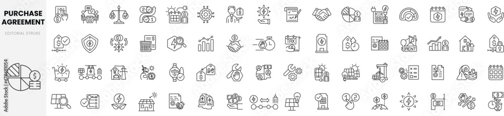 Set of linear power purchase agreement icons. Thin outline icons pack. Vector illustration - obrazy, fototapety, plakaty 