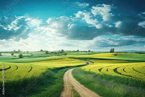 scenic road through a green field