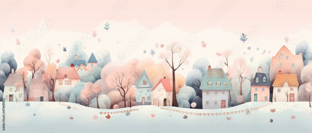 Hand drawn country village cartoon on pastel color background. AI generated