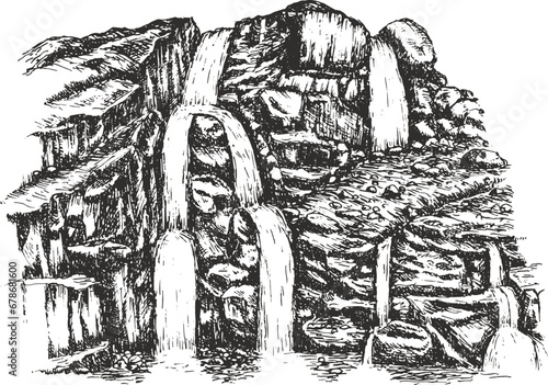 Waterfall vector illustration in hand drawn sketch style. Vintage art composition outdoor nature.