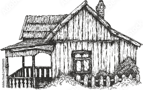 Old wooden village house in hand drawn sketch style. Vintage art composition. Ancient traditional home isolated on white background. Vector retro illustration.