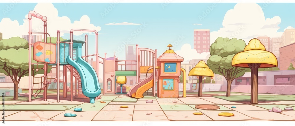 Hand drawn playground landscape cartoon on pastel color background. AI generated
