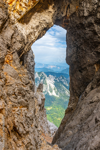 Prisojnik or Prisank Window. The larges rock window in Alps, Triglav National Park, Julian Alps, Slovenia