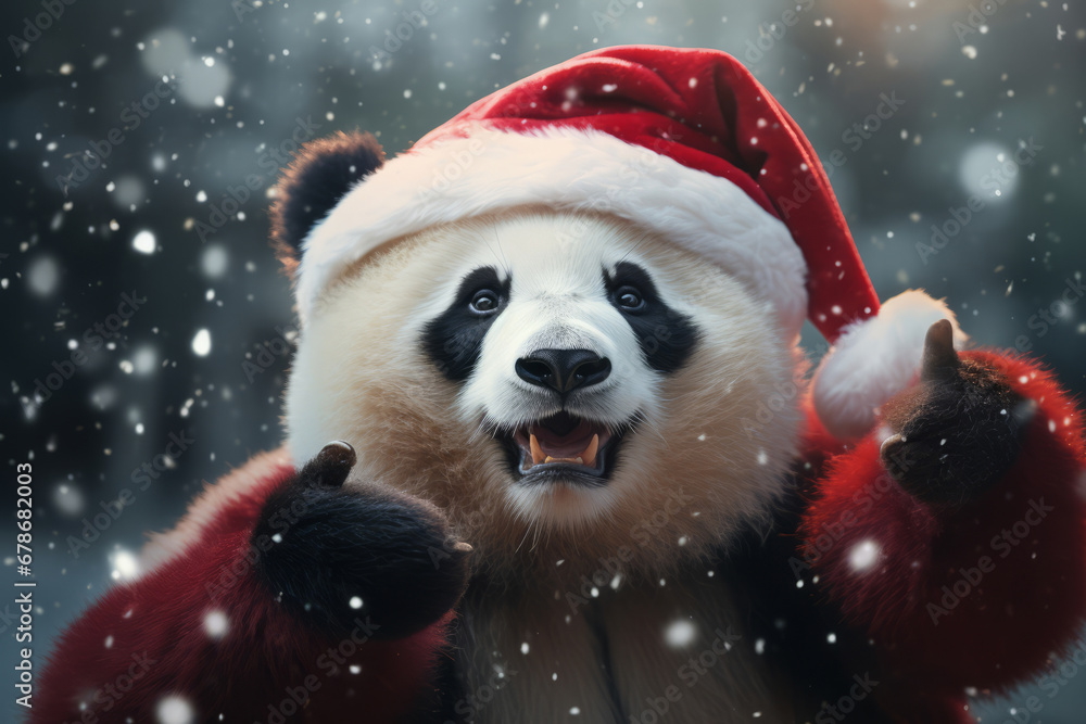 Panda in snow with winter clothes like Santa Claus. Christmas style hat and sweater. Funny animals in winter. Panda in snow with winter clothes like Santa Claus. Christmas style hat and sweater. Funny animals in winter.