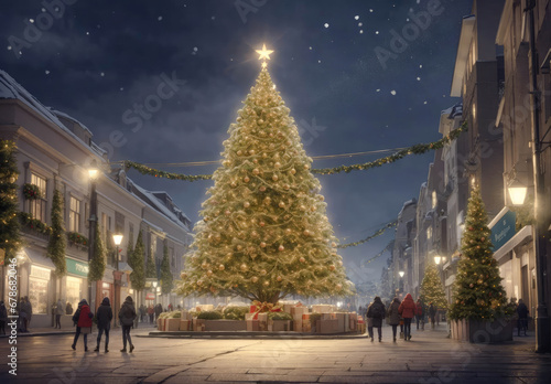 christmas night, christmas landscape, christmas theme, small christmas tree, gifts, santa claus, a house in the forest.