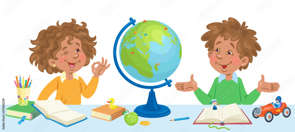 School education. Happy African American boy and girl with globe, books and toys. Children in class. In cartoon style. Isolated on white background. Vector flat illustration. School education. Happy African American boy and girl with globe, books and toys. Children in class. In cartoon style. Isolated on white background. Vector flat illustration.