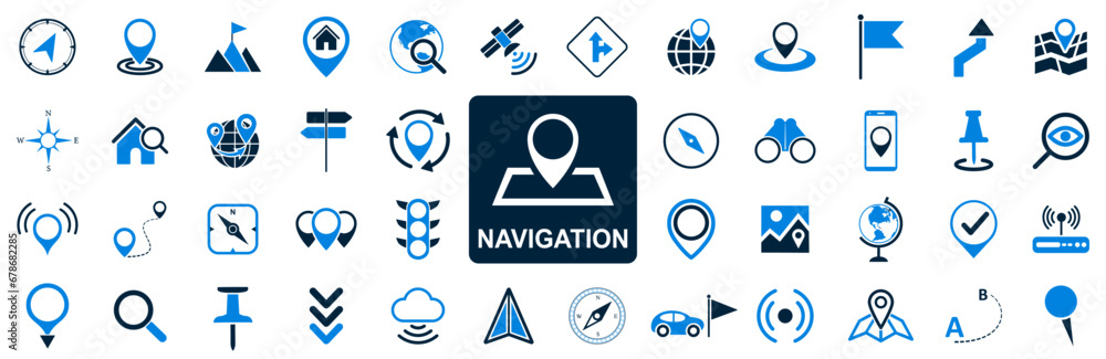 Location icon set, navigation signs, GPS location symbols, collection map pointer icons, destination, directions, route, compass, distance, place, address - stock vector Location icon set, navigation signs, GPS location symbols, collection map pointer icons, destination, directions, route, compass, distance, place, address - stock vector