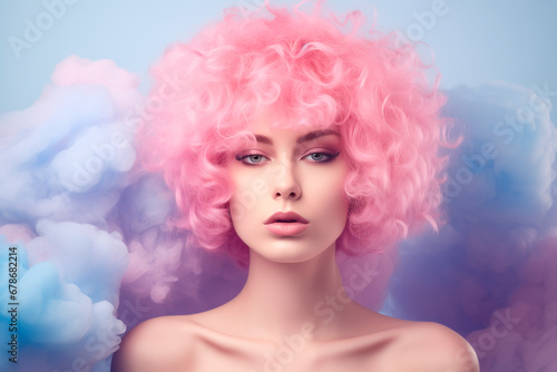 Young woman surrounded by a purple pink cloud of smoke on isolated pastel blue background. Abstract fashion concept. Close-up portrait of top model
