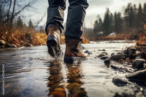 boots of a man walking on water in a difficult forest