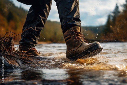 boots of a man walking on water in a difficult forest photo