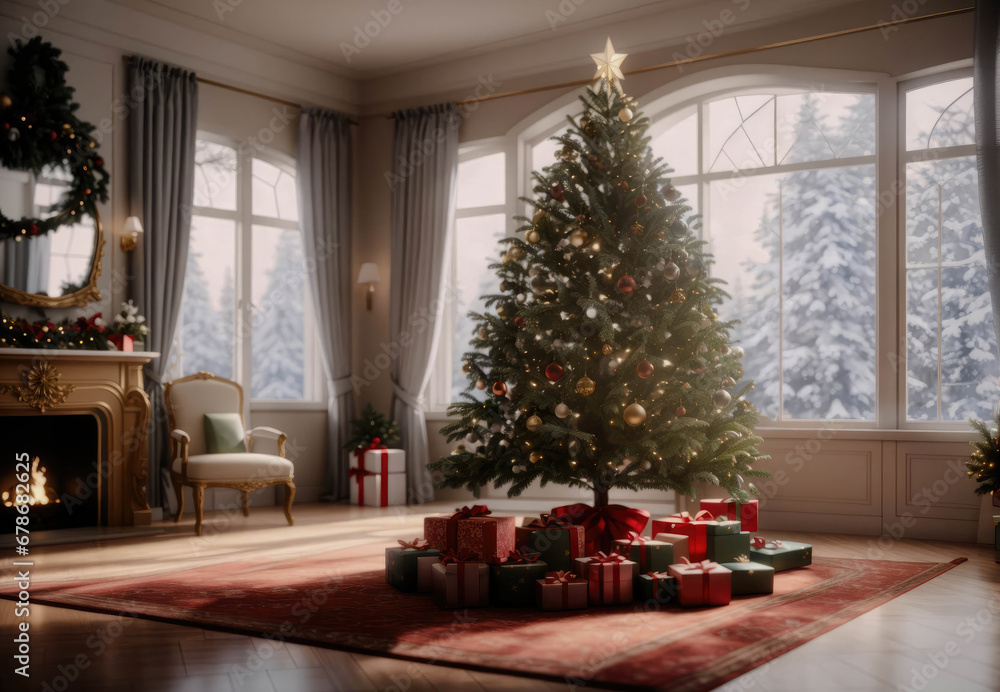 Christmas interior. Glowing fireplace, hearth, tree. Gifts and decorations