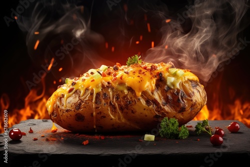 Loaded baked potato on smoky background