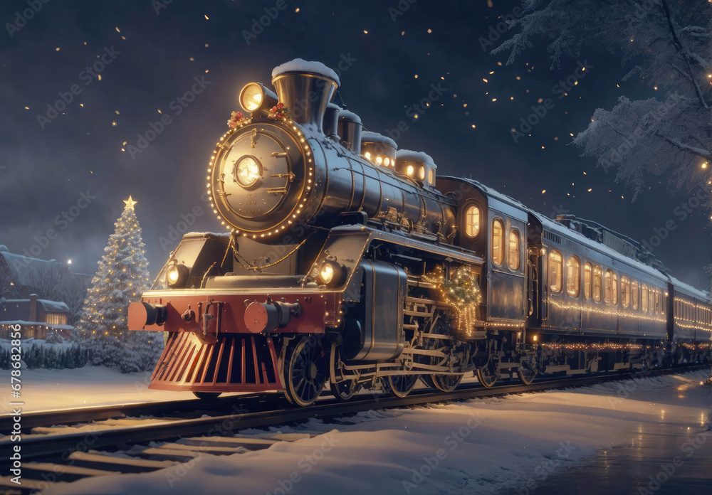 Naklejka premium Christmas train. Fairy locomotive in holiday postcard style. Merry christmas and happy new year concept
