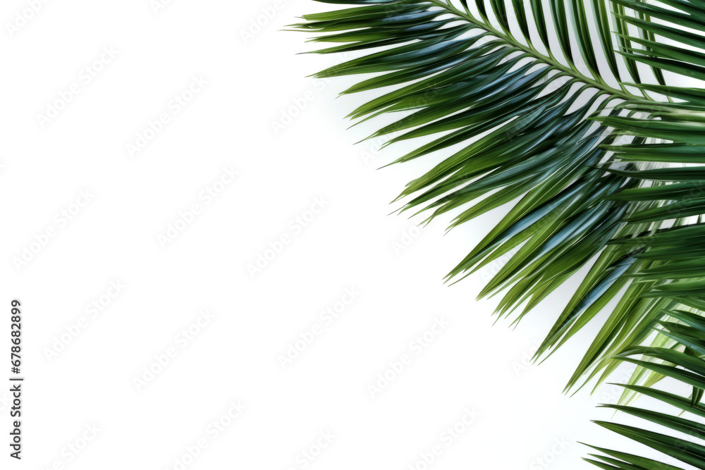 Fototapeta premium Beautiful green tropical palm leaves lying isolated on white background with space for text, product or inscriptions, top view.generative ai