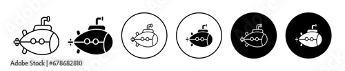 Submarine icon set. Undersea nuclear warfare submarine vector symbol. Underwater marine navy submarine in black filled and outlined style.
