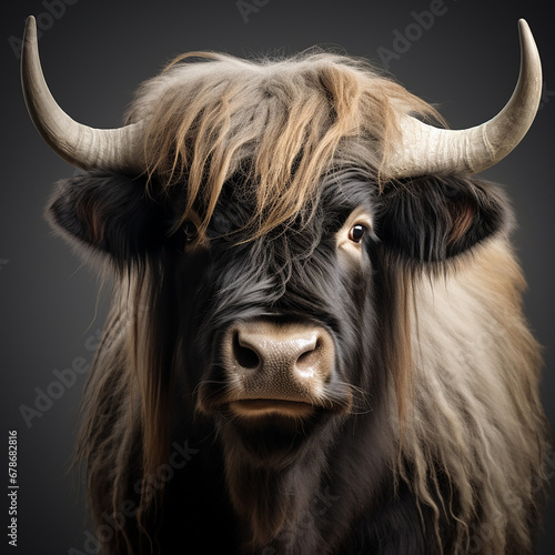 a long haired Yak Buffalo portrayed in studio on a white background tion created with Generative Ai