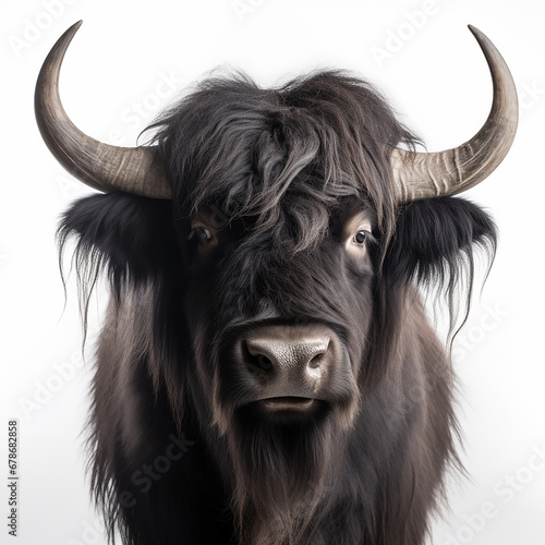 a long haired Yak Buffalo portrayed in studio on a white background tion created with Generative Ai