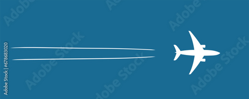 Simple illustration airplane in the sky, viewed from below. Airplane travel, airport advertising, overseas vacation trips, romantic travel, tours, airplane routes banner. Airplane on blue background