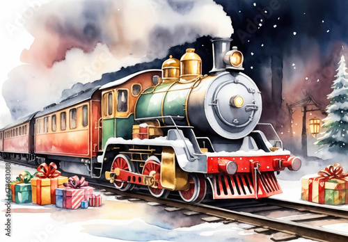 Watercolor style christmas train and postcard style. Merry christmas and happy new year concept