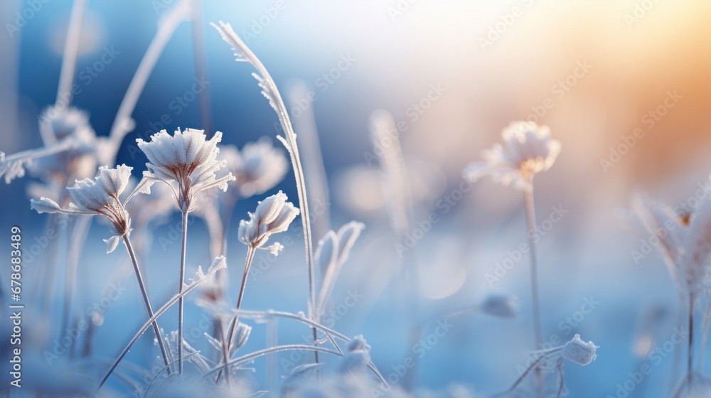 Beautiful winter background with plants covered with hoarfrost.