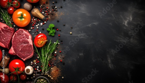 Raw beef steak with spices on a dark slate