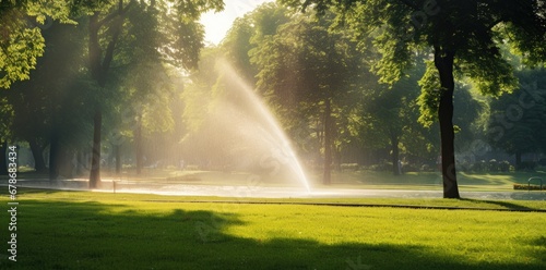 sprinkler spraying water on green grass © grigoryepremyan