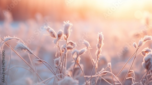 Beautiful winter background with plants covered with hoarfrost. © sirisakboakaew