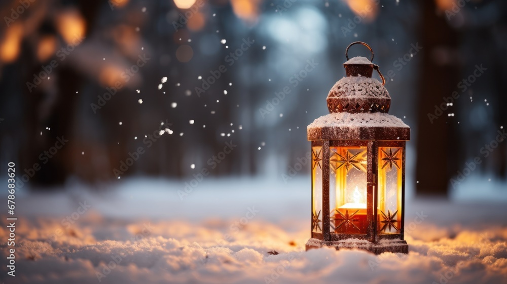 Christmas decorations with lanterns in the snow in the winter garden with beautiful bokeh