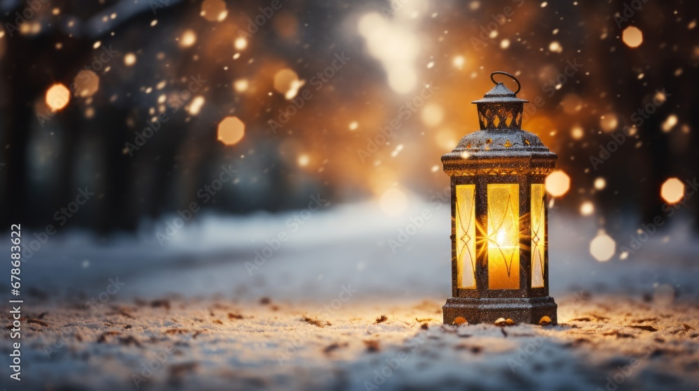 Christmas decorations with lanterns in the snow in the winter garden with beautiful bokeh Christmas decorations with lanterns in the snow in the winter garden with beautiful bokeh