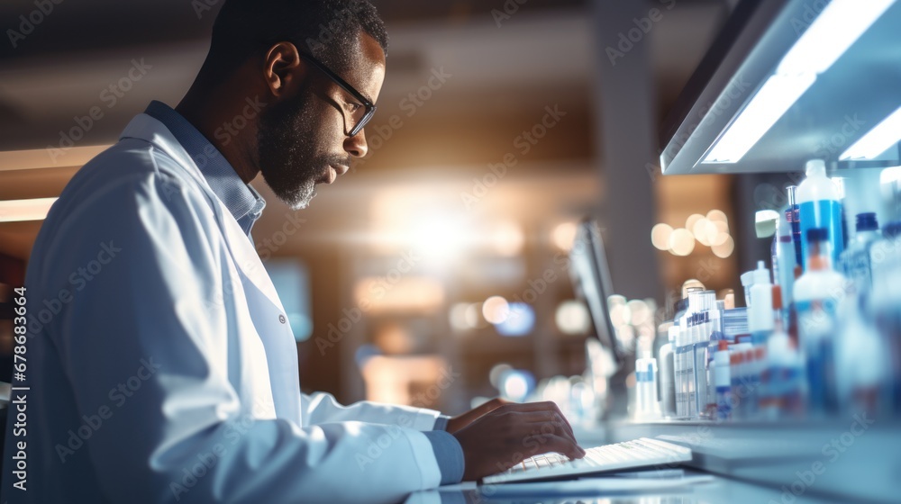 Fototapeta premium pharmacist scrolling on digital tablet checking medication walking through isles in pharmacy