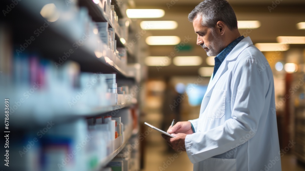 Fototapeta premium pharmacist scrolling on digital tablet checking medication walking through isles in pharmacy